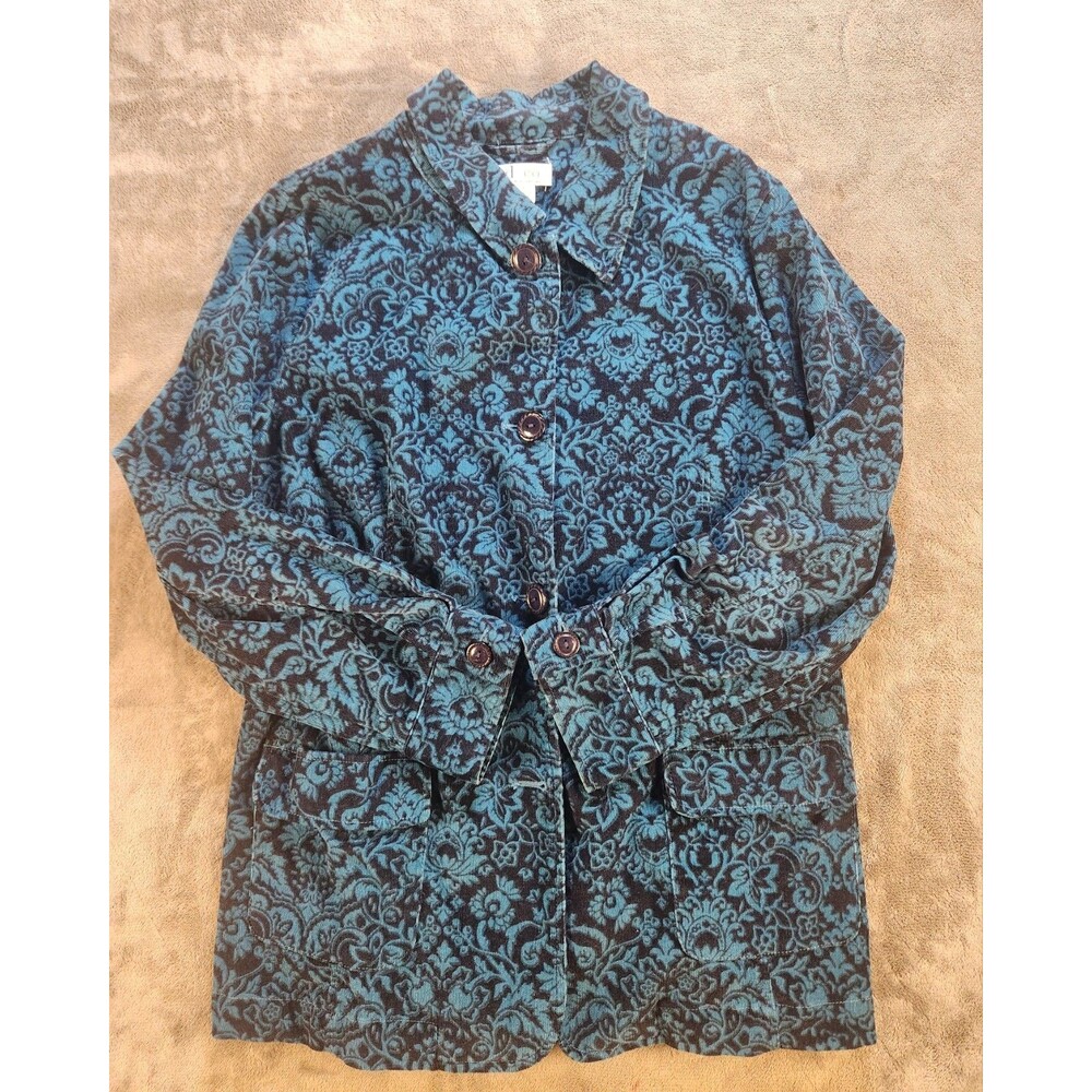 d&co Denim & Company Floral Corduroy Jacket Women’s Large Blue Button Up - Picture 2 of 8